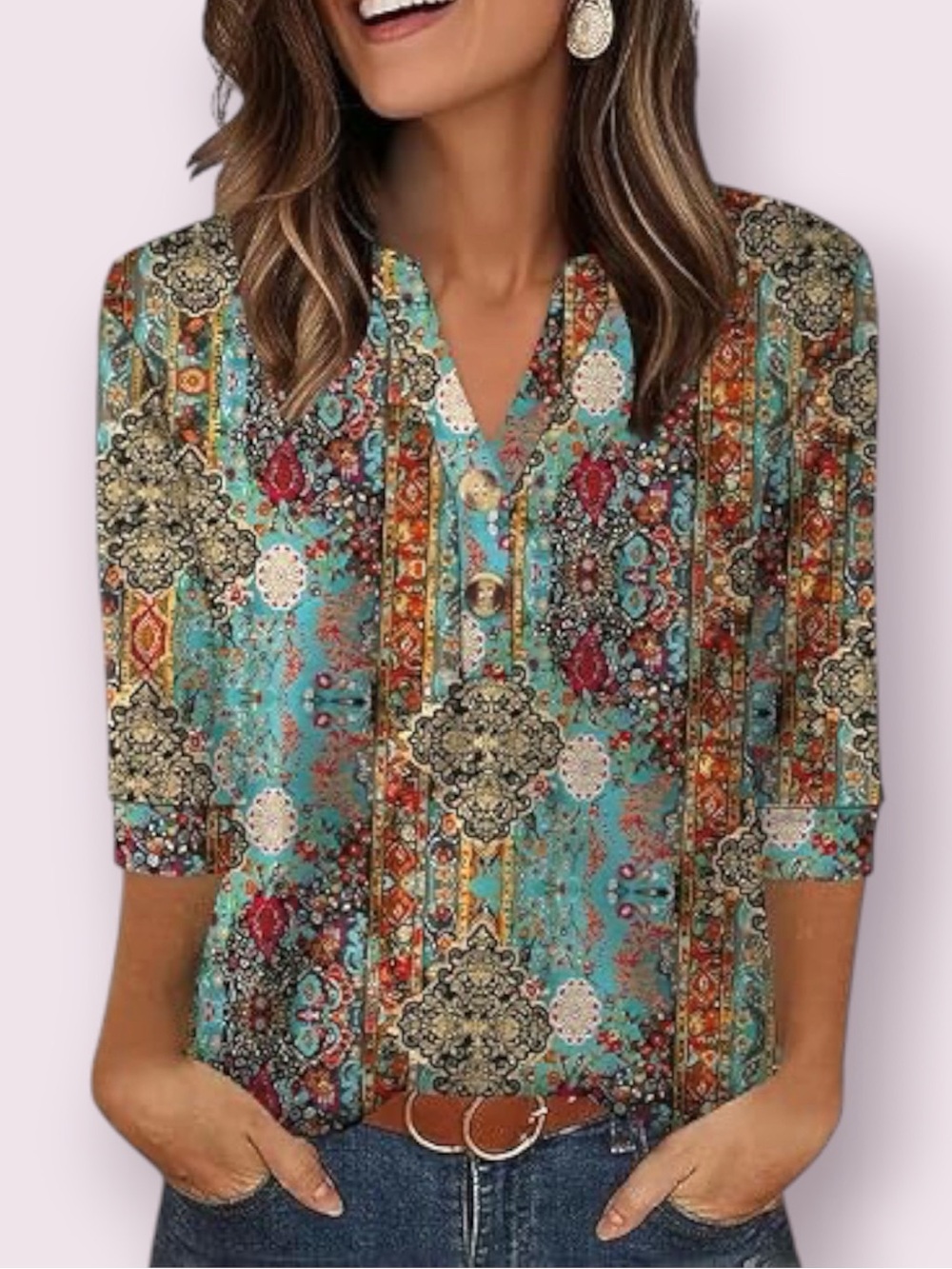 Ofeefan 3/4 Sleeve Henley Blouse in a Bohemian Turquoise Print